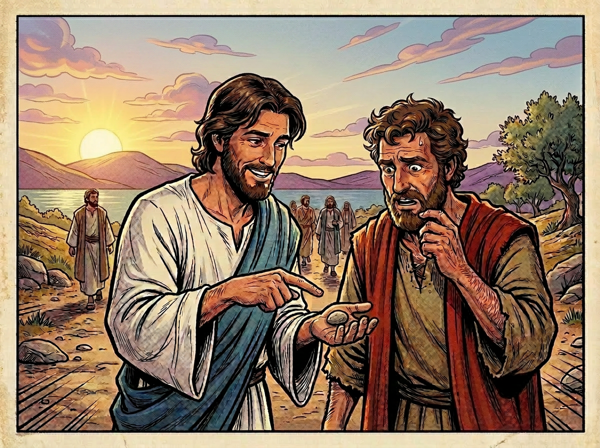 Jesus holding a small rock and speaking to a confused Peter at sunset