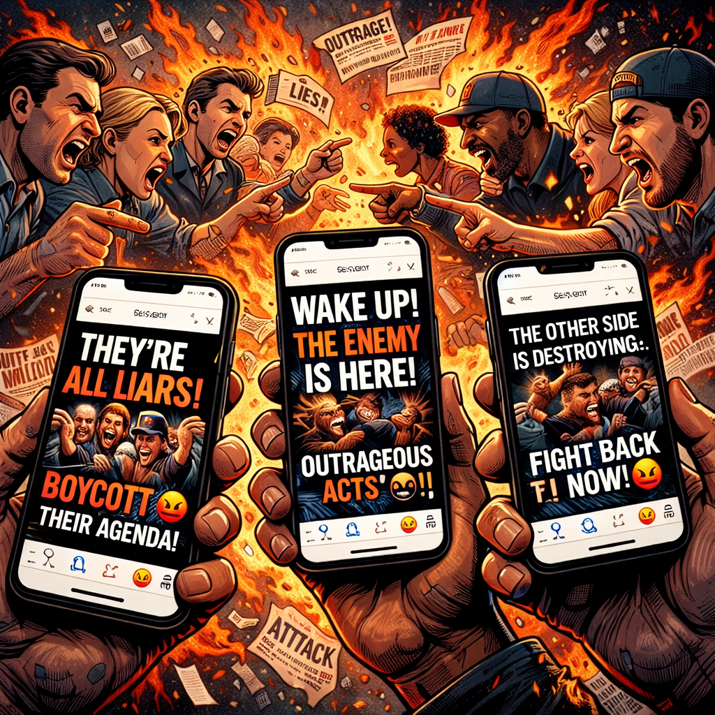 Smartphones showing polarized, inflammatory social media posts linked by digital network graphics