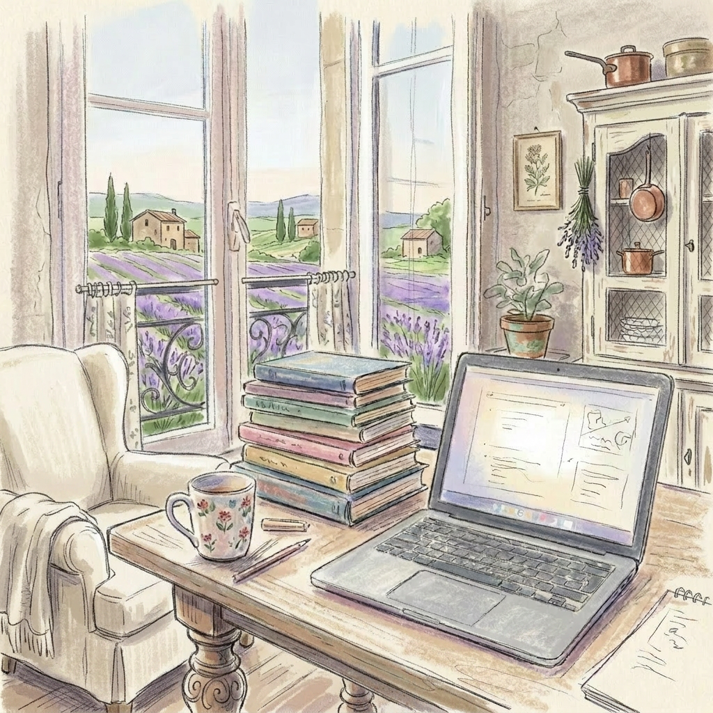 Desk with laptop, stacked books, and coffee cup near window with view of Parisian buildings