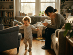 Toddler walking inside a living room near a woman sitting on a couch using a smartphone